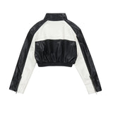 Women Jacket Stitching Contrast Color PU Leather Jacket Stand Collar Casual Long Sleeve Motorcycle Jacket