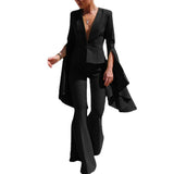 Women Trench Coat Suit Jacket Tops High Waist Big Swing Bell-Bottom Pants Two-Piece Set