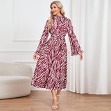 Women Date Dress Long Sleeve Dress Autumn and Winter Stand Collar Leopard Print Printed Dress Long Dress
