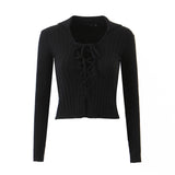 Women Sweater Knitwear Vintage Polo Lapel Lace-up Sweater Autumn Sexy Slim Long Sleeve Sweater