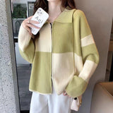 Women Knitwear Spring and Autumn Retro Lapels Double Zipper Sweaters Cardigan
