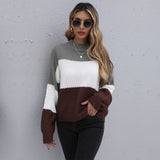 Women Knitted Sweater Autumn Brown Patchwork round Neck Long Sleeve Knitted Pullover Loose Sweater