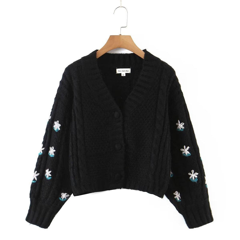 Women Sweater Knitwear Autumn and Winter Embroidery Knitwear Women's Lantern Sleeve Large V-neck Short Sweater