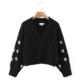 Women Sweater Knitwear Autumn and Winter Embroidery Knitwear Women's Lantern Sleeve Large V-neck Short Sweater