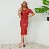 Women Date Dress round Neck Vintage Sequined Tassel Evening Dress
