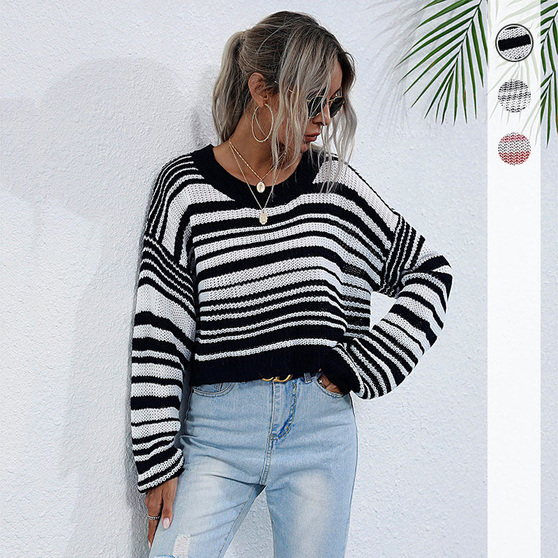Women Knitted Sweater Autumn Crew Neck Long Sleeve Bottoming Sweater Short Striped Sweater
