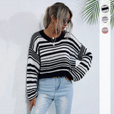 Women Knitted Sweater Autumn Crew Neck Long Sleeve Bottoming Sweater Short Striped Sweater
