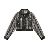 Women Jacket Houndstooth Fall Lapels Long Sleeve Stitching Leather Coat