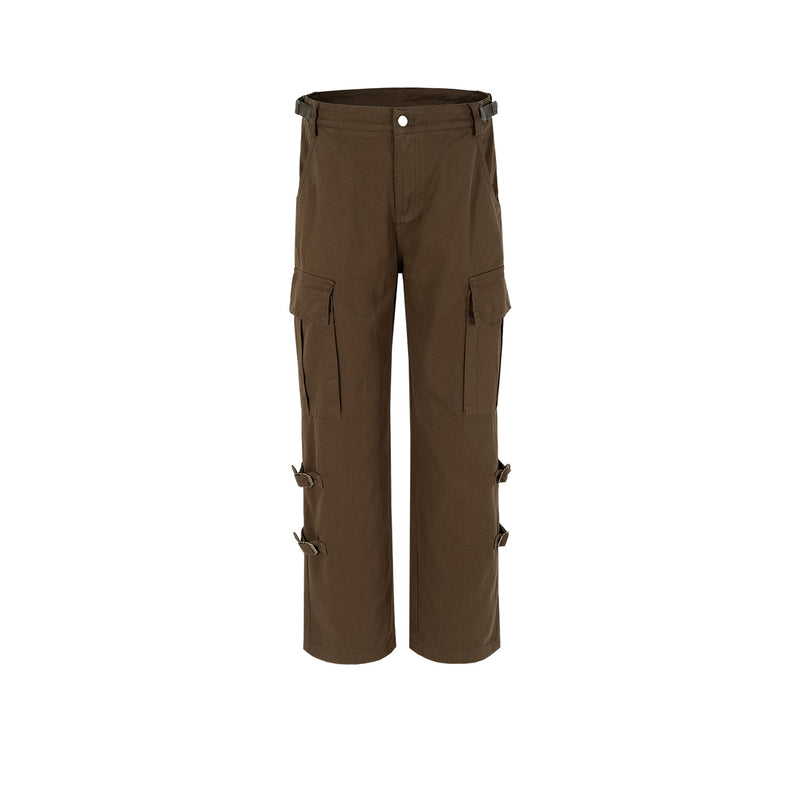 MIJKO Men's Vintage Pants MIJKO Men's Women's Functional Buckle Trousers Straight High Street Casual Pants