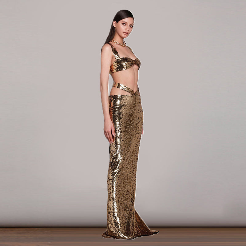 Women Dresses Sexy Sequined Skirt Suit Sheath Dress Two-Piece Set (Zns0409)