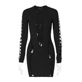 Women Dresses Sexy Hollow Long-Sleeved O-neck Short Dress