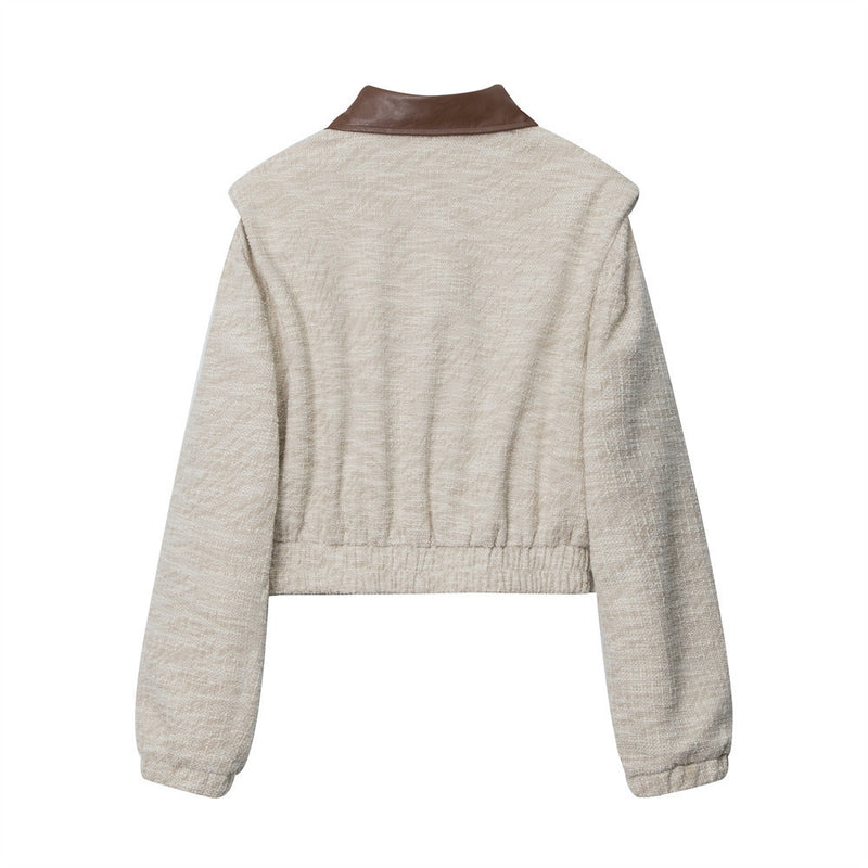 Women Jacket Color Stitching Turnover Neck Short Padded Shoulder Jacket Casual Letter Embroidered Long Sleeve Sports Jacket