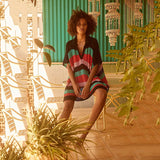 Women Knit Beach Cover V-neck Half Sleeve Cutout Beach Bikini Sun Protection Shirt