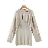 Women Sweater Knitwear Knitting Suit Sexy Sling Dress Ripped Sweater Two-Piece Set