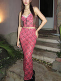 Women Co-Ord Set Lace V-neck Crop-Top Spaghetti-Strap Top Long Skirt Suit