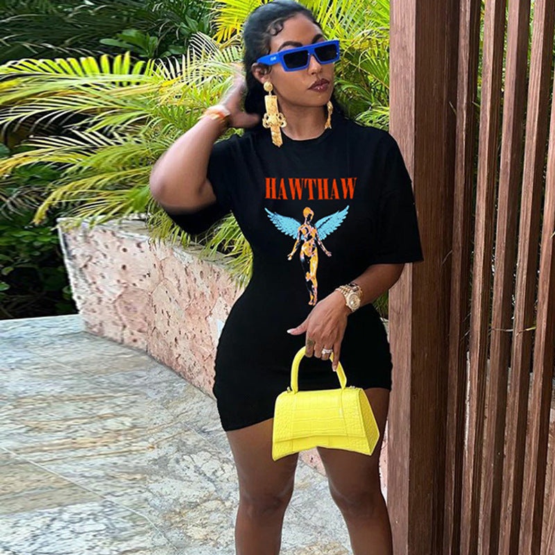 Women Dresses Summer Casual Printed round Neck Slim Short Sleeve Dress