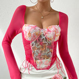 Women Party Tops Sexy Mesh T-shirt Flower Lace-up Long Sleeve Top