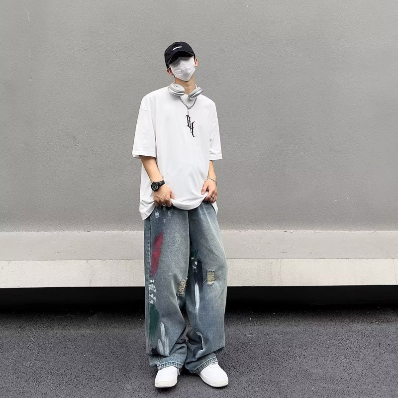 Men Jeans Water Washed Hole Jeans Men's Summer Loose Wide-Leg Straight Pants
