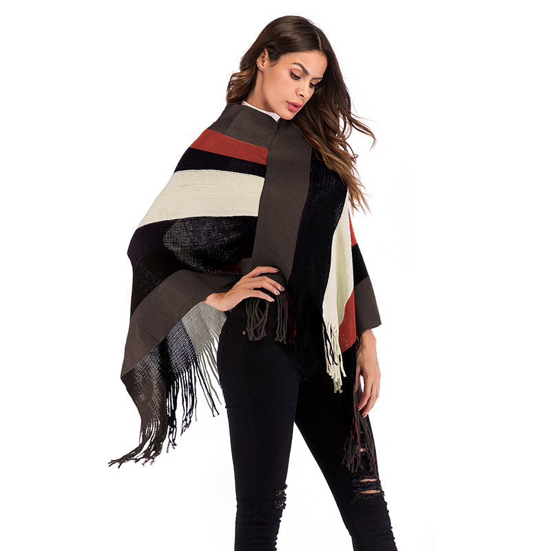 Women Knitted Sweater Fall Color-Blocking Striped Tassel Cape and Shawl Loose Knitted Cloak for Women