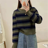 Women Knitted Pullover Loose Striped Coat Knitwear Autumn Sweater O-neck Short Top