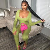 Women Jumpsuit Autumn U-Neck Slim-Fit Long Sleeve