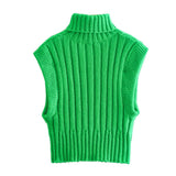 Women Sweater Knitwear Autumn Turtleneck Slim Fit Short Sleeveless Threaded Vest