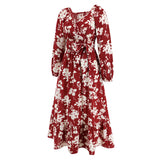 Women Date Dress Autumn Winter Sexy Long Sleeve V-neck Lantern Sleeve Backless Floral Long Tie Dress