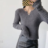 Women Sweater Knitwear V-neck Thread Sunken Stripe Slim-Fit Long-Sleeved Knitted Bottoming Shirt