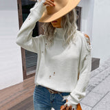 Women Knitted Sweater Autumn and Winter Shabby Long Sleeve Hollow out White High Collar Sweater