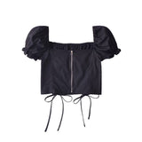 Women Tops Summer Vintage Court Style Puff Sleeve Square Collar Lace up Shirt