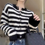 Women Knitwear Autumn Winter Retro Striped round Neck Sweaters Cardigan