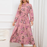 Women Date Dress Autumn Long Sleeve Lace Stand Collar Belt Long Dress