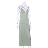 Women Dress Sexy Green Satin V-neck Strap Dress