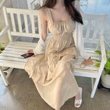 Women Dresses Square Collar Lace Dress Spaghetti Straps Sleeveless Long Dress