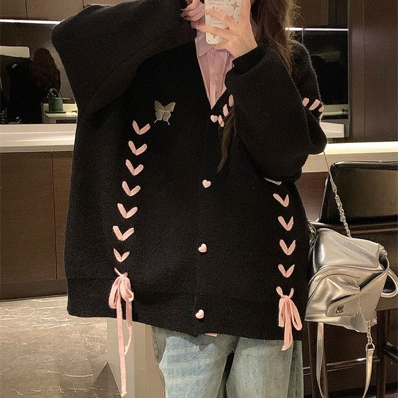 Women Knitwear Autumn and Winter Bowknot Sweater Outer Female Loose Knitted Cardigan