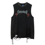 Men Vest Cross Washed and Worn Ripped Sleeveless T-shirt Vintage Vintage Vest