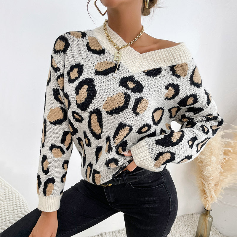 Women Knitted Sweater Autumn and Winter Knitting Long Sleeve Leopard-Print Sweater