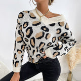 Women Knitted Sweater Autumn and Winter Knitting Long Sleeve Leopard-Print Sweater