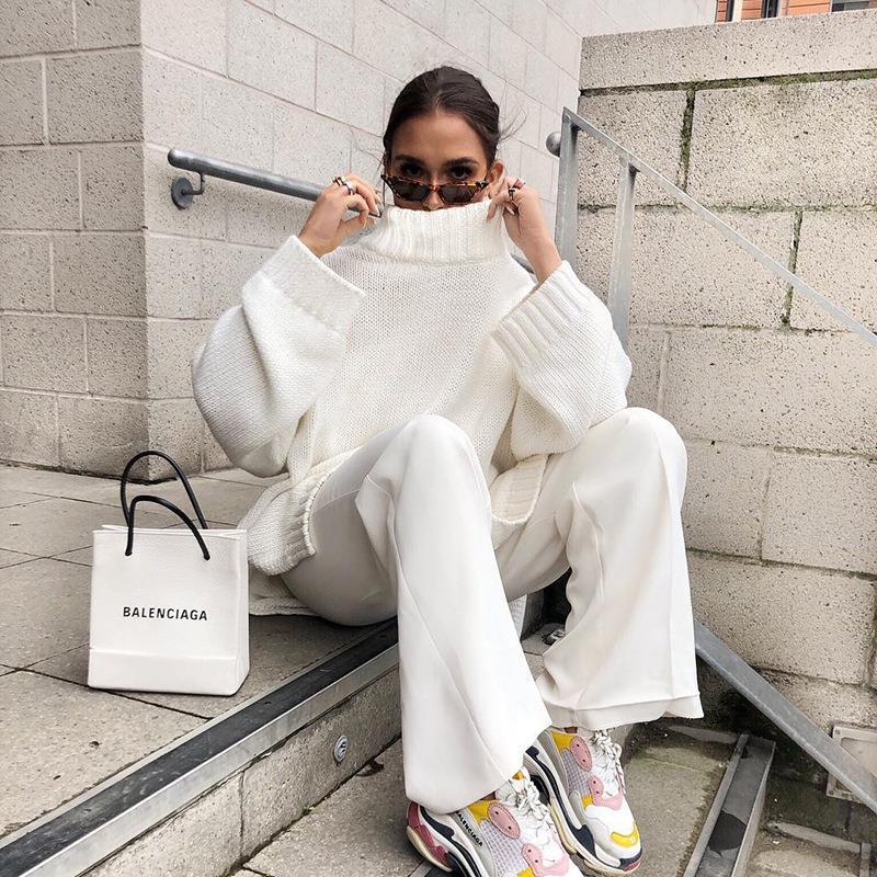 Women Knitted Sweater Autumn and Winter Pullover Long Sleeve Loose Sweater Solid Color Turtleneck Sweater