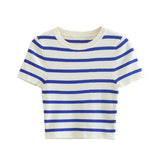 Women Sweater Knitwear Autumn Crew Neck Short Sleeve Stripe Knitted T-shirt Top