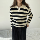 Women Winter Knitted Sweater Autumn and Winter Striped Sweater Lapel Sweater Casual Polo Collar 8t6723