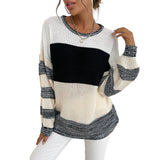 Women Knitted Sweater Fall Thin Pullover round Neck Black and White Contrast Color Sweater
