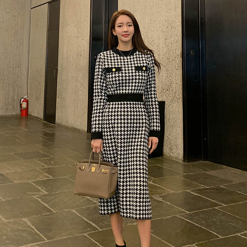 Women Maxi Dress Fall/Winter Houndstooth Dress