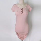 Women Dresses Open Collar Button Dress Short Sleeve Sexy Hip Skirt Skirt