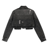 Women Jacket Ripped Short Denim Jacket Autumn Zipper Decorations Jacket