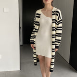 Women Cardigan Sweater Striped Sweater Autumn and Winter Loose-Fitting Long Sleeve Sweater W2361