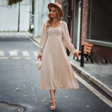 Women Dress Square Collar Long Sleeve Dress