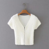 Women Sweater Knit Wear Spring Wool-like Short V-neck Knitted T-shirt Zipper Sweater