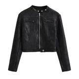 Women Leather Jacket Retro Short Slim-Fitting Biker Jacket Autumn Leather Coat Suede Jacket