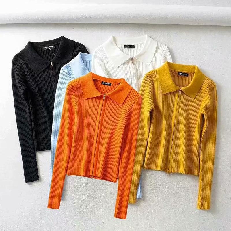 Women Sweater Knitwear Autumn Sexy Slim Lapel Double-Headed Zipper Navel Jacket